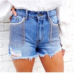 Fringed Rhinestone Denim Shorts